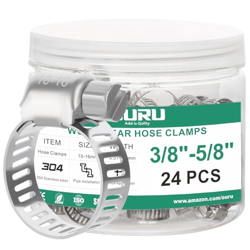 OURU 24PCS Hose Clamps Stainless Steel Adjustable 3/8"-5/8"(10-16mm)