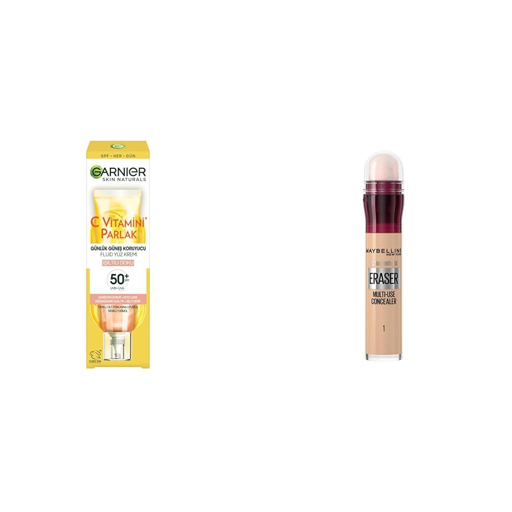 Garnier C Vitamini Parlak Günlük Uv Korumalı Güneş Yüz Kremi Spf50 Işıltılı Doku 40ml & Maybelline New York Instant Anti Age Eraser Kapatıcı, 01 Light, 6.8 ml