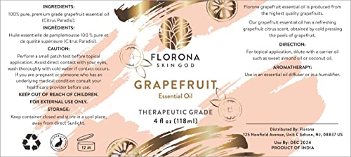 Florona Grapefruit Essential Oil 100% Pure & Natural - 4 Fl Oz, Therapeutic Grade For Hair, Face & Skin Care, Diffuser Aromatherapy, Massage #TOP1