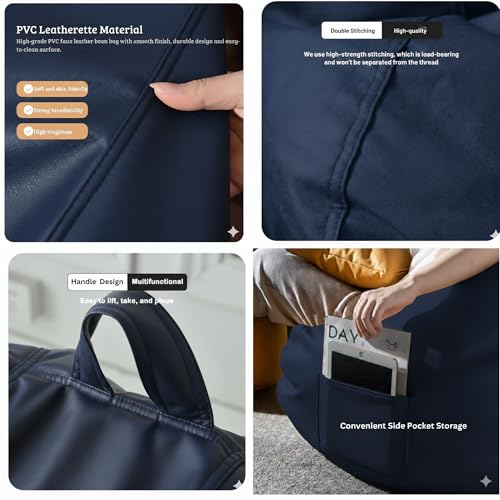 Image of Luxury 5XL Jumbo Bean Bag with Footrest & Cushion | Premium Leatherette | High-Density Beans Filled | Heavy Duty Double Stitch | 6 Months Warranty Color- (Navy Blue) (Navy Blue)