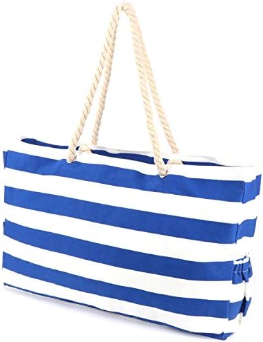 Extra Large Beach Bag with 100% Waterproof Phone Case, Key Holder, Bottle Opener, Two Outside Pockets, Top Zipper Closure, Rope Handles Canvas Shoulder Beach Tote Bags