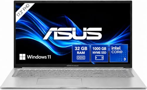 ASUS i3 Laptop 17,3 Zoll FullHD (Intel® Core™ 3 Prozessor 100U, 6 Kerne, 4.70 GHz, 32 GB DDR4 RAM, 1000 GB NVME SSD, HDMI, BT, Webcam, USB-C/3.0, WLAN, Windows 11 Prof) Notebook #8686