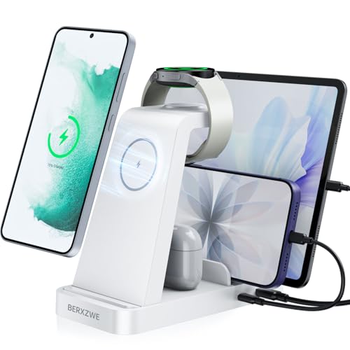 Wireless Charger for Samsung, 5 in 1 Wireless Charging Station for Samsung, Charger Dock Stand for Galaxy Watch Ultra 7 6 5 4 3, Galaxy S25 S24 Ultra S23 S22 S21, Note 20 10 Z Fold Buds, White