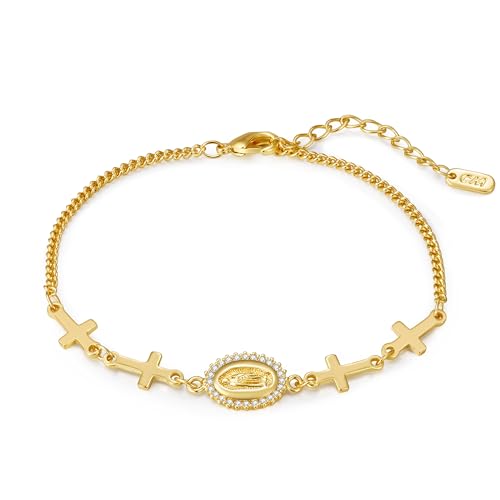 14K Gold Plated Virgin Mary Cross Bracelet for Women catholic bracelets Confirmation Gifts with Sparkling Zircon Stones religious bracelets first communion gifts