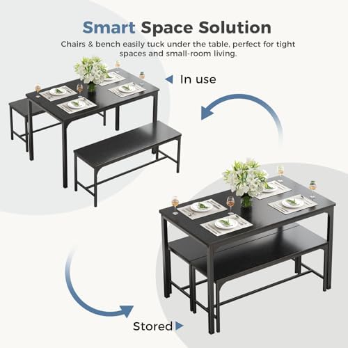 DUMOS Dining Table Set, Dining Table for 4 with Bench, Space-Saving Ideal 4-Person Set for Kitchen Apartment Corner Black 3 Pack - 5
