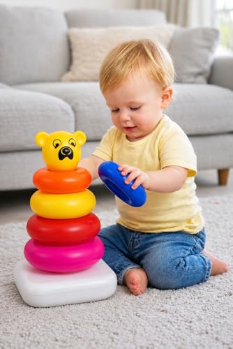 Image of Pyramid Ring Stacking Toy for Babies with Bear Topper | Colorful Rainbow Rings | Educational Learning Toy for Kids 1-3 Years | Includes 1 Stacking Base, Rings, 1 Bear Topper (Multicolor, 5 Ring)