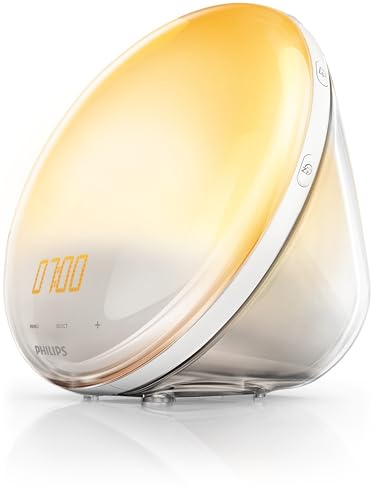 Philips HF3519/01 Despertador de luz con simulación del amanecer, Radio FM y lámpara de lectura, 5 sonidos naturales, Alarma diferida, Blanco