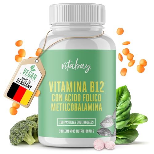 Vitabay Vitamina B12 Alta Dosis 500µg con Ácido Fólico 180 Pastillas Veganas - B12 Vitamina Vitamina B12 y Acido Folico Vitaminas B12 - Metilcobalamina B12 Sublingual Probada en Laboratorio