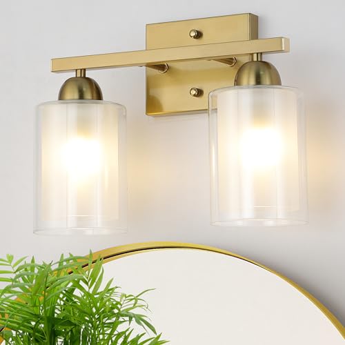 Mecgirn Stainless Steel Bathroom Vanity Light Over Mirror, 2 Light Brushed Gold Bathroom Light Fixtures with Milk Glass and Clear Glass Shades, Modern Vanity Lighting Wall Mount