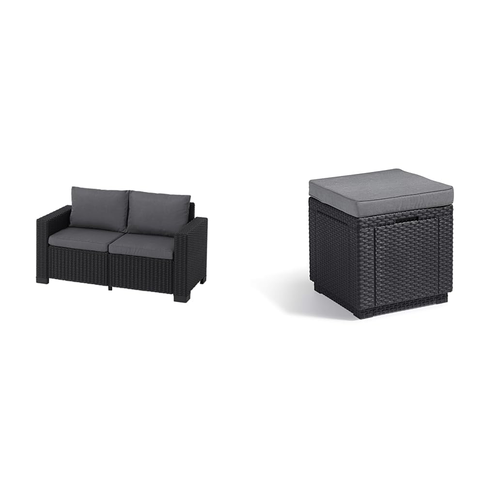 Keter Allibert by Gartenlounge Sofa California 2-Sitzer, Graphit/cool Grey, 141x68x72 cm & Allibert by Cube Hocker mit Stauraum, grau, inkl. Kissen, Deckel abnehmbar, 42x42x39cm