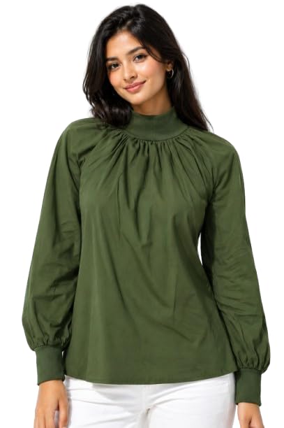 nobarr Women's Olive Green High Neck Gathered Top-picture-36