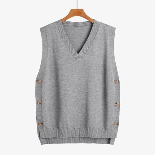 Women V Neck Sweater Vest Sleeveless Ribbed Knit Pullover Tank Tops Dressy Casual Side Button High Low Sweaters Top2