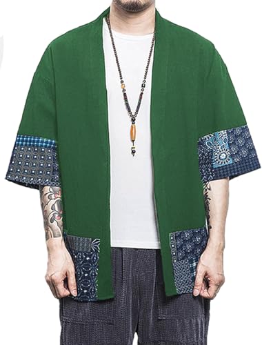 perdontoo Men\'s Casual Kimono Shirt Light Linen Short Sleeve Open Front Cardigan (XX-Large, Green)