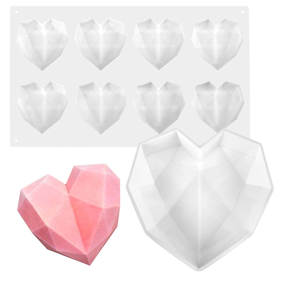Heart Shaped Chocolate Molds, 8 Grids Silicone 3D Diamond Candy Mold Trays, for Cake Decorating, Baking, Candy Making, Chocolate, Cupcake, Toppers, Even for DIY Soap Candle