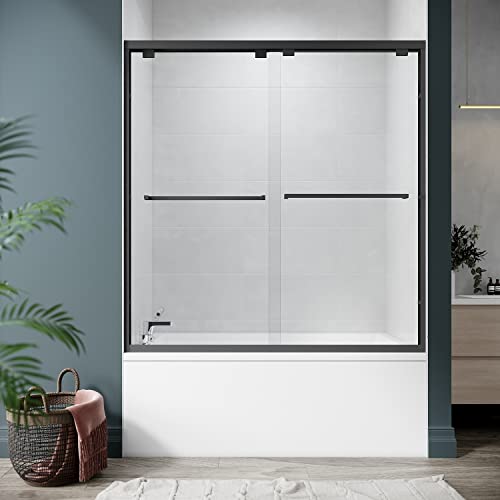 Elegant Sliding Bathtub Shower Doors 60" W X 62" H,Semi-Frameless Bypass Bathtub Door With 1/4" Clear Tempered Glass,60 Inches Double Sliding Tub Door,Satin Black #TOP25