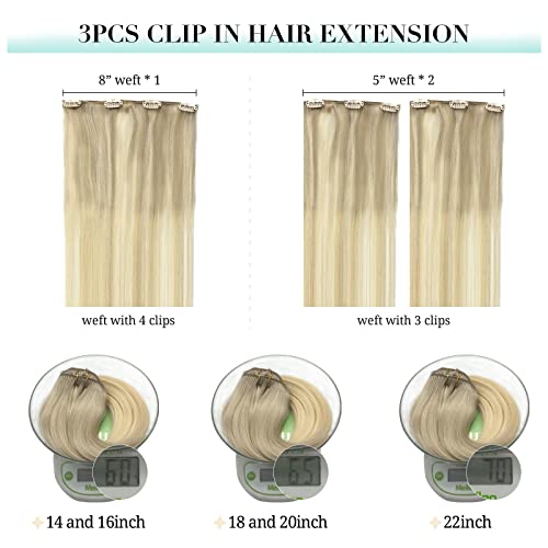 Image of DOORES Hair Extensions Clip in Human Hair, 3pcs 60g 14 Inch Balayage Ash Blonde to Golden Blonde and Platinum Blonde Remy Clip in Human Hair Extensions Natural Straight Hair Extensions