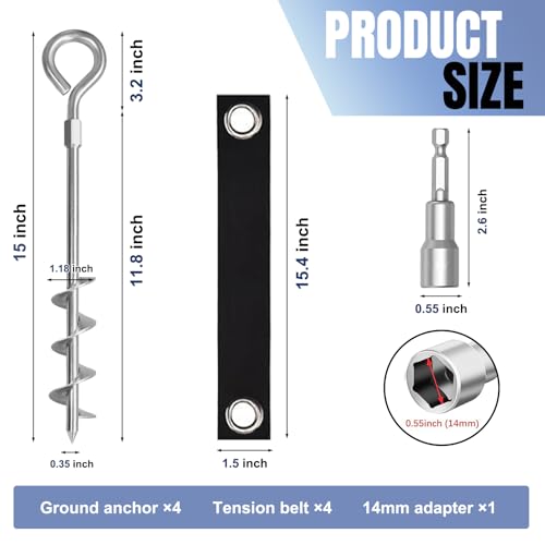 Image of Eurmax USA Trampoline Stakes Screw in Tent Stakes Parts Heavy Duty for Canopies,4-Pack Outdoor Anchor Kit with Straps(Silver)