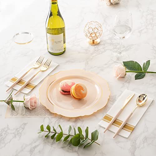 Fomoica 175 Pink Plastic Plates Disposable And Gold Dinnerware Set - Reusable Light Baby Pink Plastic Dinnerware Set - Birthday Party, Bridal Shower, Christmas #TOP2