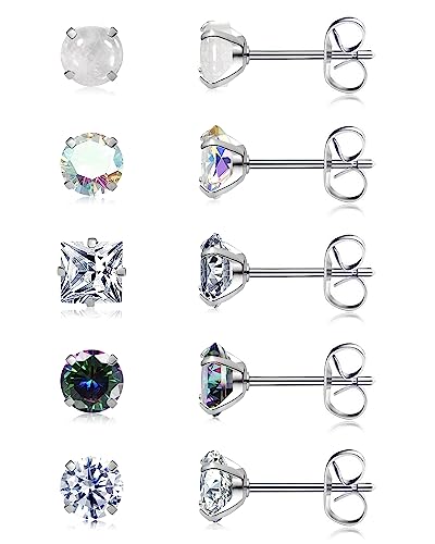 Stainless Steel Stud Earrings for Women Extra Long Post Earrings Cubic Zirconia Moonstone Hypoallergenic Earrings Studs for Sensitive Ears