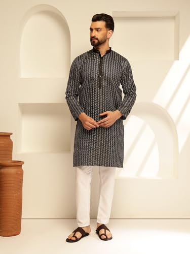 Image of SOJANYA (Since 1958 Men's Silk Blend Long Kurta with Subtle White Detailing | Traditional Ethnic Wear for Navratri