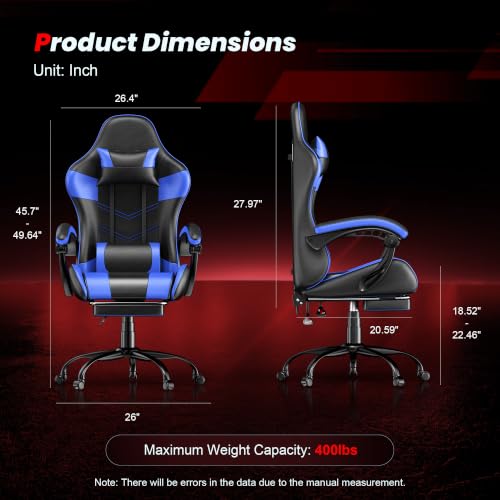 Image of Gaming Chair with Footrest, Ergonomic Video Game Chair with Headrest and Lumbar Support, 400 lbs Adult Chair, Height Adjustable 360 Swivel High Back Reclining Computer Chair for Home Office (Blue)