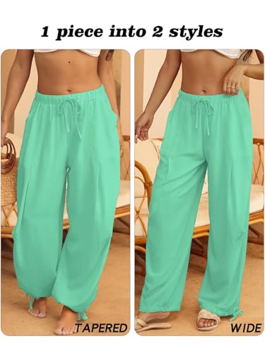 Image of Women's Linen Balloon Barrel Beach Pants Boho Harem Flowy Drawstring Casual Loose Pants with Pockets