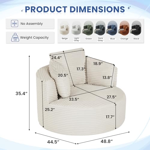 Image of Antetek 48.8-inch Round Chair, Modern Accent Corduroy Comfy Deep Seat Boneless Foam Floor Single Circle Chaise Sofa Chair with 3 Pillows for Living Room Bedroom Office, No Assembly Required, White