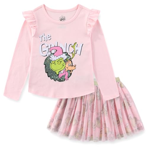 Dr. Seuss Grinch Girls Long Sleeve Christmas Top and Tulle Skirt Set 2 Piece for Big Kids