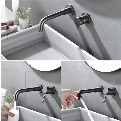 Image of 24x7 eMall SS Black Mixer Hot and Cold Basin Tap Faucet Basin Mixer Wall Mounted Mixer with Concealed Parts, for Bathroom Wash Basin Matt Black -19.5cm