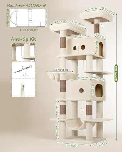 Image of Globlazer Heavy Duty Cat Tree Tower 80in Tall Extra Large Cat Tree Tower for Multiple Indoor Cats Large Adult with Scratching Posts, 2 Spacious Condos, Padded Perches, Soft Hammock, S80B, Beige