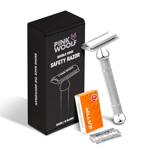 Image of Pink Woolf CC87 Safety Razor for Men | Double Edge Close Comb with 10 Blades | Chrome Metal Single Blade Shaver for Sensitive Skin & Daily Wet Shaving | Beginner Friendly Anti-Slip Handle