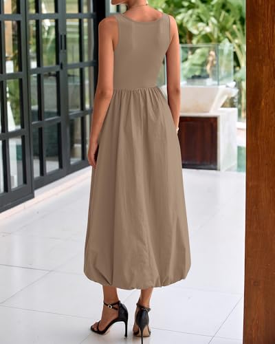 BTFBM Women's 2025 Summer Casual Sleeveless Midi Dress Patchwork Knit Tank Bubble Long Flowy Beach Maxi Sundress Pockets