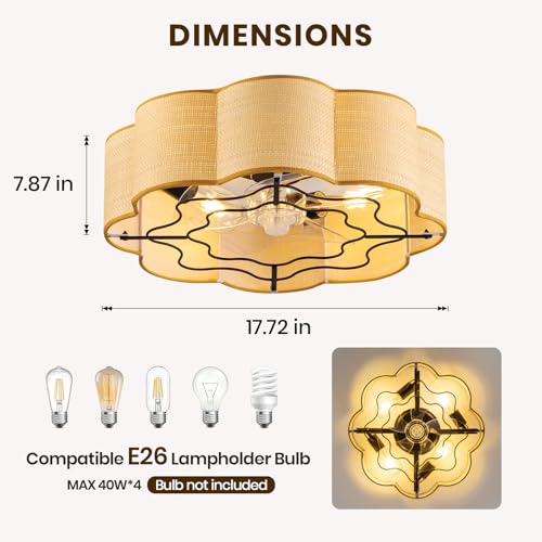 Image of Boho Caged Ceiling Fans with Lights Flush Mount, Rattan Fandelier Chandelier Ceiling Fan with Light with Remote and 6-Speed Motor for Bedroom, Nursery, Living Room