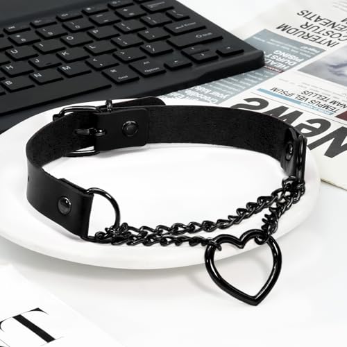 Ronglry Leather Choker Necklace for Women Black Heart Chain Choker Punk Goth Sexy Chokers for Women Adjustable PU Collar Gothic Jewelry Accessories4