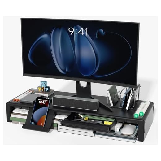 OImaster Monitor Stand Riser, Foldable Computer Monitor Riser, Adjustable Length Computer Stand and Storage Drawer & Pen Slot, Phone Stand Compatible Computer, Desktop, Laptop, Save Space (Black)