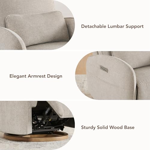 Image of CHITA Power Swivel Glider Recliner Chair, Nursery Rocker, Fabric in Khaki | Electric Recliner with Removable Lumbar Pillow, FSC Certified, Comfortable Rocking Chair for Living Room & Nursery