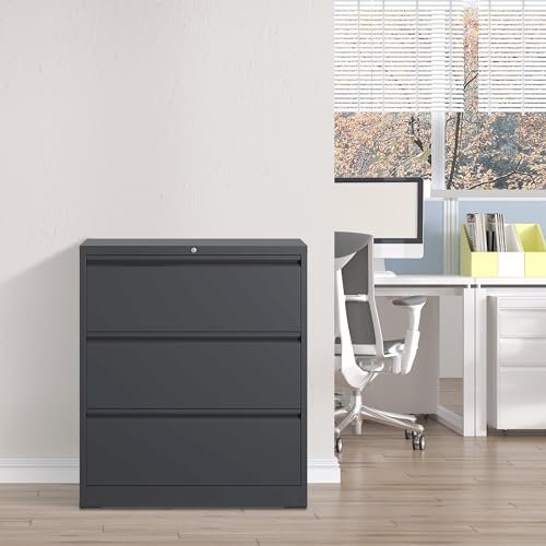 File Cabinets 3 Drawer,Metal Office Storage Filing Cabinet with Lock,Black Lateral Filing Cabinet for Home Office,Horizontal Locking File Cabinet for Legal/Letter/A4,Assembly Require,Black - Image 3