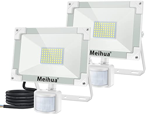 MEIHUA 2er 60W LED Strahler Außen mit Bewegungsmelder PIR, Superhell 6000LM Außenstrahler, LED Scheinwerfer 6500K Kaltweiß, LED Fluter IP66 Wasserdicht, Wandleuchte für Garten Hof Garage Hotel Cover