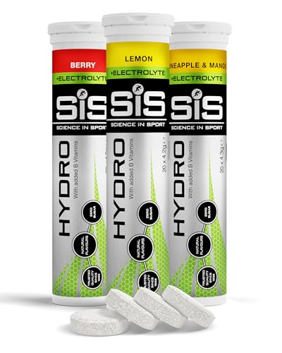 Science In Sport Hydro Hydration Tablets, Variety Pack Pineapple Mango, Berry, Lemon Flavour Plus Electrolytes, 20 Effervescent Tablets per Bottle (3 Bottles) option