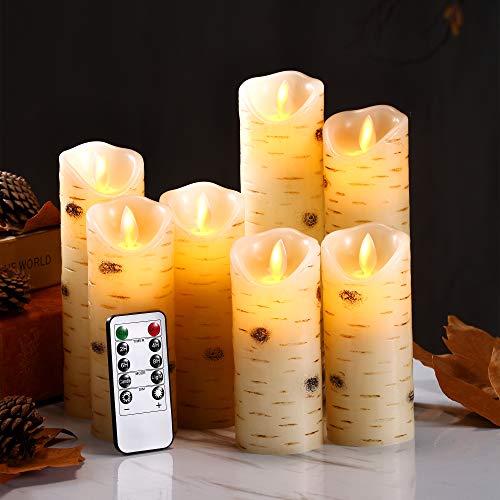 Flameless Candles with Birch Bark Effect Battery Operated Candles 5"5"6"6”7"8"9” Set of 7 Ivory Real Wax Pillar Dancing LED Flames Candles with 10-Key Remote Control and Cycling 24 Hours Time