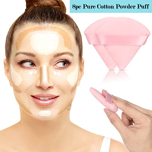 JASSINS 8 Pcs Cotton Powder Puff Face,JASSINS Triangle super soft for Both dry and wet Makeup Setting/Concealer/Loose and Body Powder/Foundation/Blush Makeup Sponge Set (Pink)
