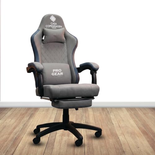 Image of Casa Copenhagen Designed in Denmark, High-Back Fabric Gaming Ergonomic Chair with Electric Back Massager, Luxurious Memory Foam Seating & Multi Function Arm-Rest - Grey & Denim Blue