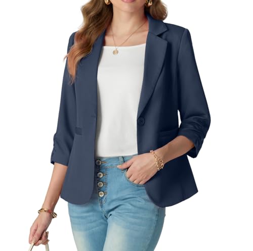 GRECERELLE Womens Blazer 3/4 Ruched Sleeves Ladies Formal Jackets Casual Elegant Work Blazers Office Outerwear for Women UK 8-20 with Buttons Pockets (Blue Gray 12)