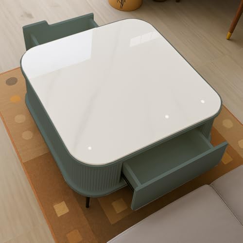 Image of WOODEN SPACE Premium Solo Marble-Top Wooden Center Table for Living Room | Iron Legs | PVD Coating | Modern Entryway Furniture | Coffee Table (Sky Blue)
