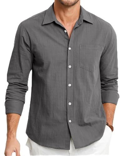 HISDERN Camisas de Lino para Hombre Manga Larga Ligeras Verano Lino Camisa de Ajuste Regular Abotonadas Casual Shirt Gris Oscuro 3XL