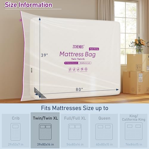 Image of ZCHENBS - Twin /Twin XL Mattress Bags for Moving, Waterproof Mattress Storage Bag with Zipper, Heavy-Duty 5 Mil Ultra-Thick Bed Protector Cover for Moving, Reusable (Transparent /Purple, 1 Pack)