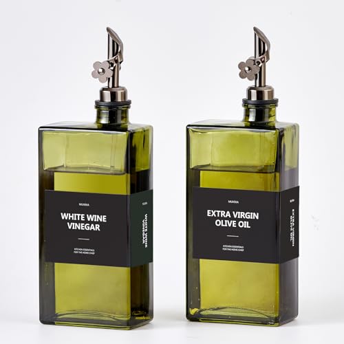 MUVEKA Olive Oil Dispenser Bottle for Kitchen, 16.9oz /500ml Cooking Vinegar Dispenser Bottle Set, Glass Sauce Container, Labels, Brush, Funnel, Stoppers, Green for Oil, Wine