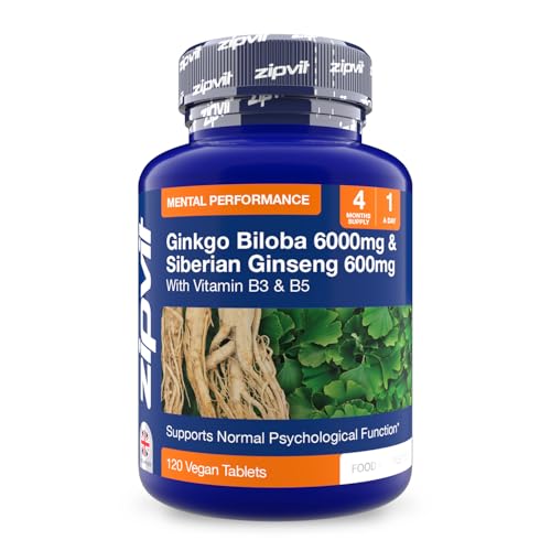 Zipvit Ginkgo Biloba 6000mg & Siberian Ginseng 600mg with Vitamin B3 & B5 Supports Energy & Mental Performance. 4 Months Supply 120 Vegan Tablets 1 a Day.
