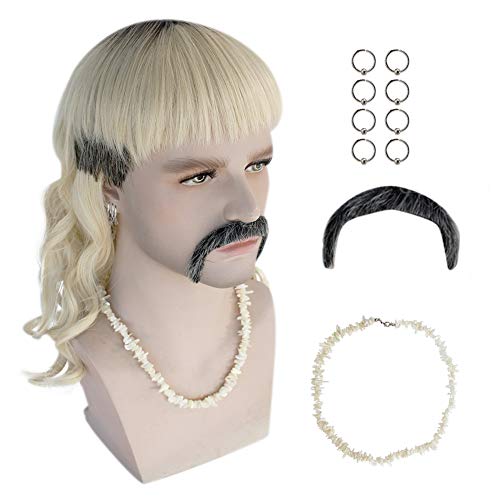 ANOGOL Wig+( 8 Earrings +1 Mustache+1 Clavicle Chain ) Black Ombre Blonde Wig for 80s wig Men Natural Synthetic Hair Halloween for Theme Party