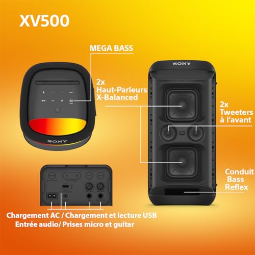 Sony SRS-XV500 - Enceinte Party Box pour la fête sans fil Bluetooth avec son puissant et MEGA BASS- Autonomie de 25 heures, portable, éclairage LED, Party Connect, IPX4, prises Karaoke Mic/Guitar-Noir